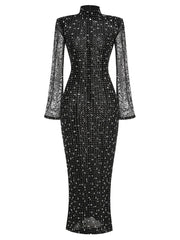Black Turtleneck Mesh Diamond Long Sleeve Gown