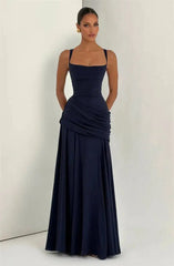 Full body view of deep blue square neck drape waist floor-length dress
