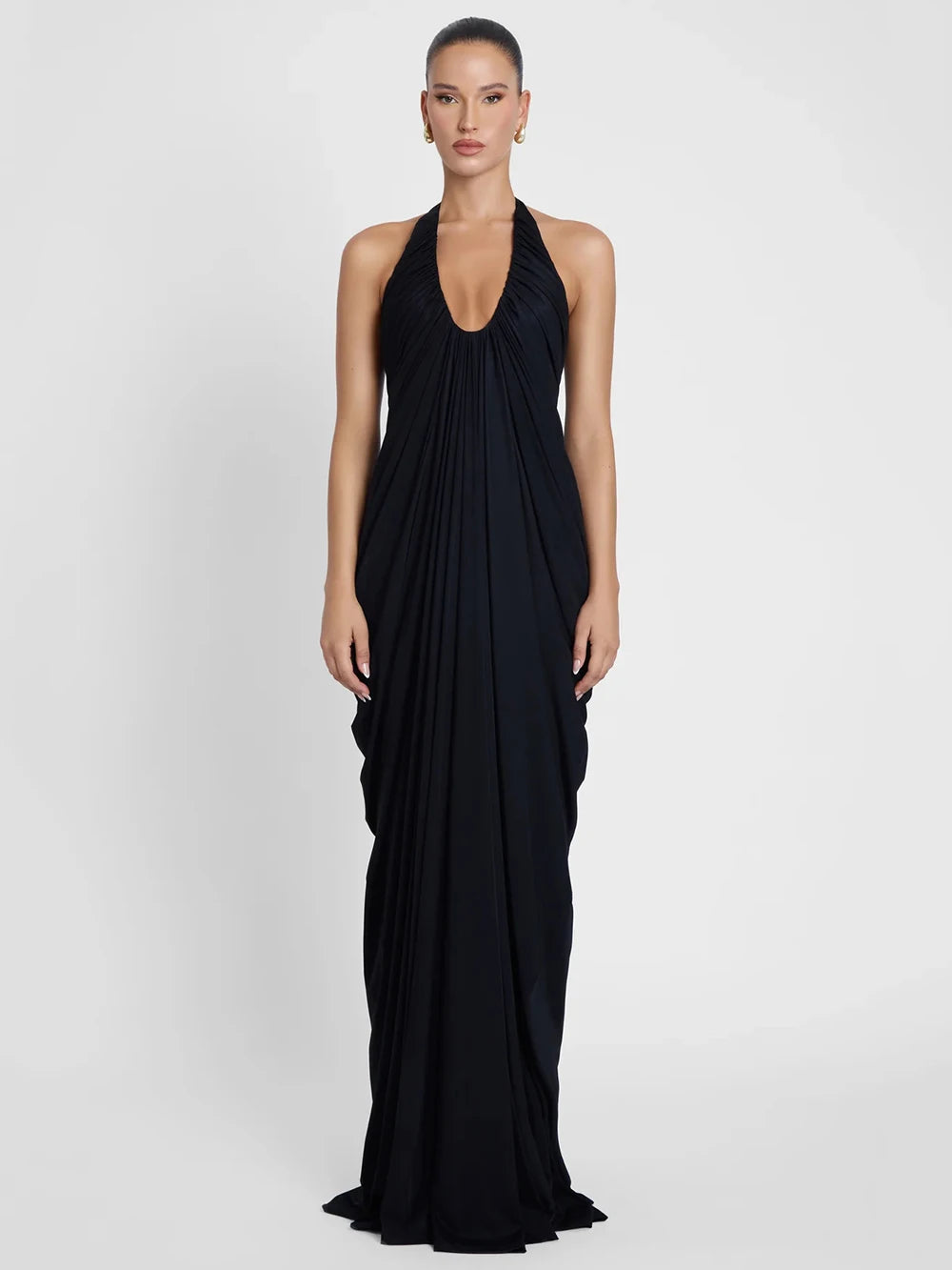 Deep V halter neck drape gown