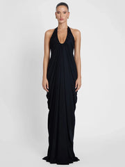 Deep V halter neck drape gown