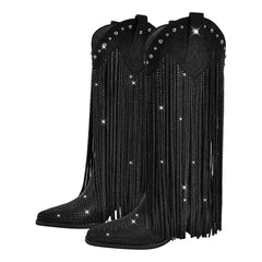 Black fringe boots with rhinestone embellishments on a white background