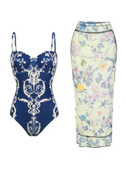 One-Shoulder Swimsuit with Oversized Flower Detail and Matching Printed Sarong Set