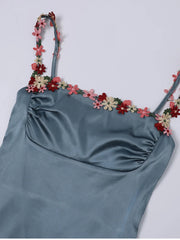 Floral Strap Green Satin Mini Dress