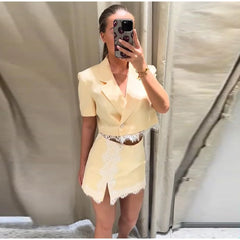 Yellow Crop Lace Trimmed Blazer and Skirt Suit