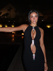 Black Hollow Out Pearl Tassel Maxi Bodycon Dress - Club & Party Wear