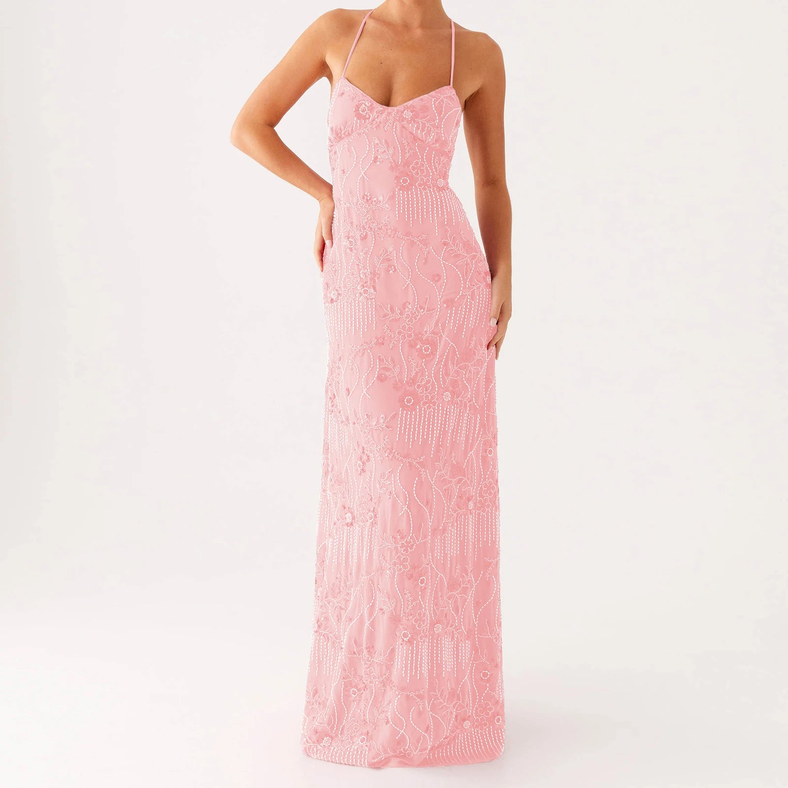 Pink lace dress on a white background