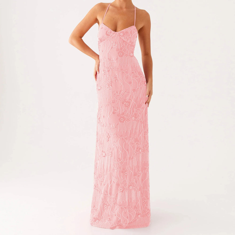 Pink lace dress on a white background