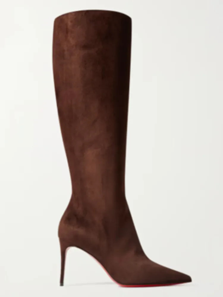 Brown suede knee high pointed toe boots
