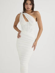 One-Shoulder Ruched Corset Midi Dress