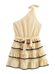 Beige one-shoulder dress with black trim on a white background