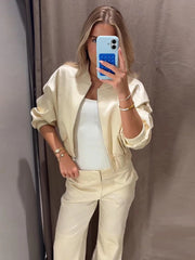 Cropped Ribbed Hem Bomber Jacket