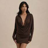 Brown cowl neck long sleeve mini dress