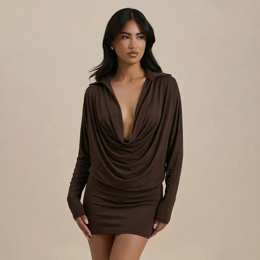 Brown cowl neck long sleeve mini dress