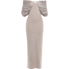 Ruched Off-Shoulder V-Neck Maxi Dress