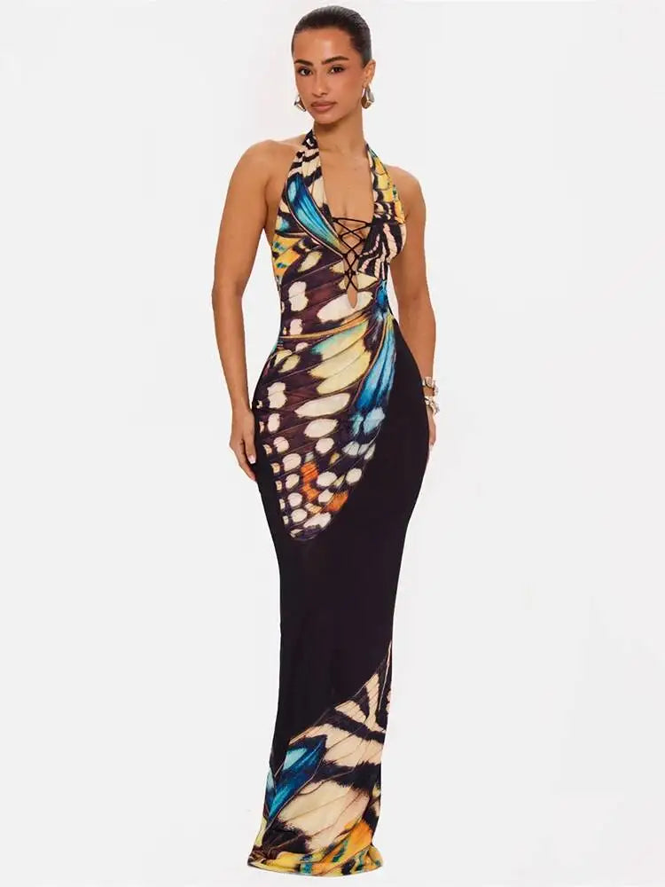 Butterfly print halter maxi dress side profile
