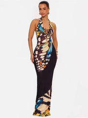 Butterfly print halter maxi dress side profile