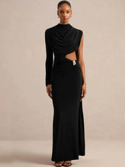 High Neck One Long Sleeve Draped Cutout Waist Maxi Dress