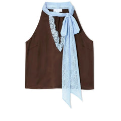 Brown sleeveless top with a light blue lace scarf tied around the neck on a white background