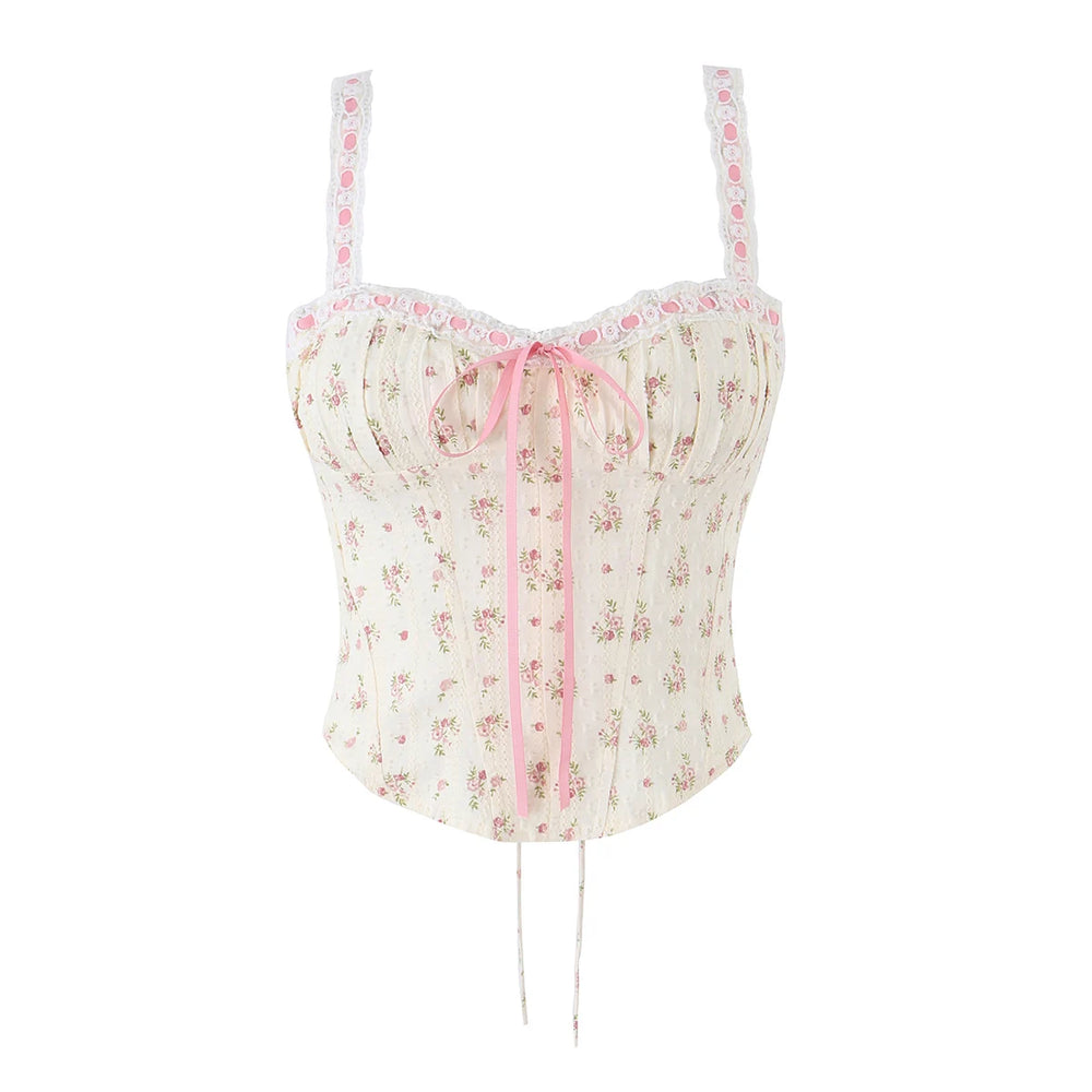 Floral print corset crop top front view.
