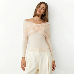 Off-shoulder pleated mesh top detail