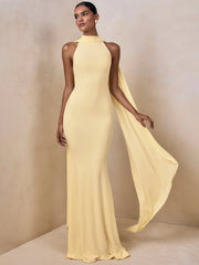 Halter cape maxi dress in pale yellow