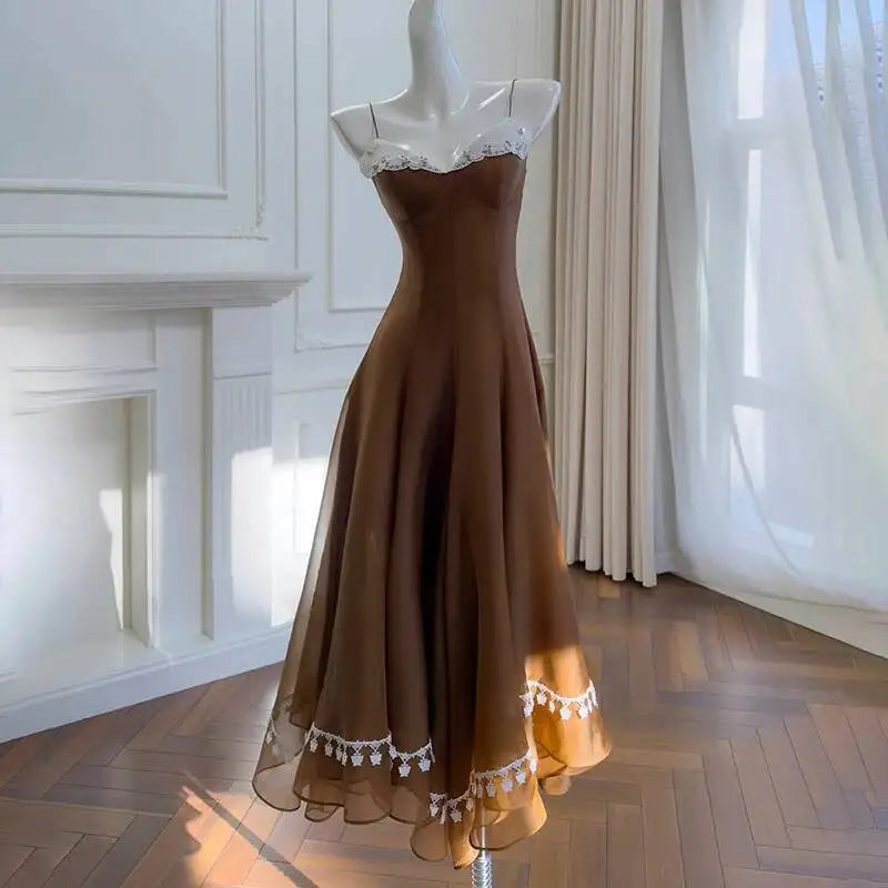 Brown Lace Trimmed A-line Midi Dress