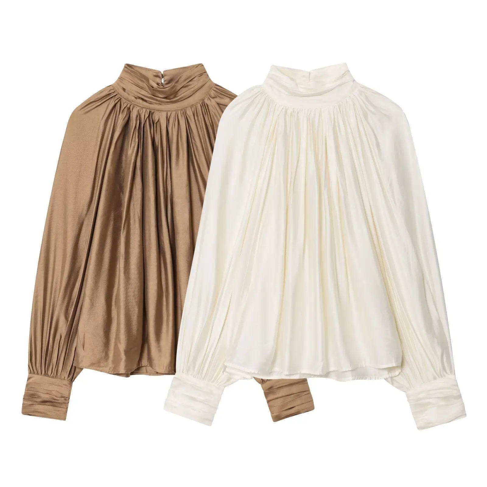 Two long-sleeve shirts, one brown and one white, on a white background