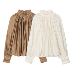 Ruched Button Up High Neck Shirt