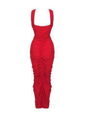 Red Cut-Out Bodycon Midi Dress with Ruched Flower Detail