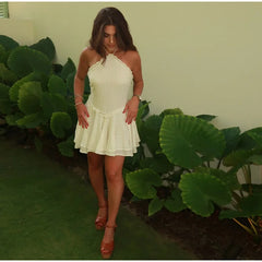 White Halter Pleated Mini Dress