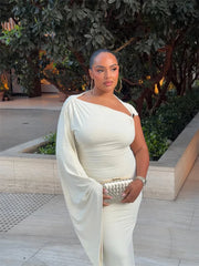 White One Shoulder Twisted Sleeve Midi Dress