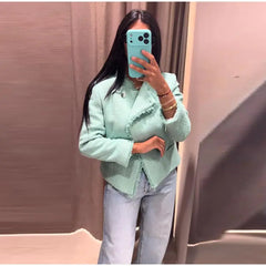 Textured Cropped Fringed Collar Jacket