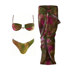 Floral print two-piece swimwear set laid flat.