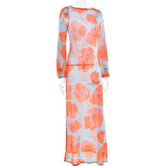 Floral dress with orange flowers on a light blue background