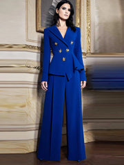 Asymmetrical double-breasted blazer with rose and butterfly buttons and matching wide-leg flare pants.