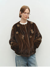 Brown faux fur bomber jacket with beading detail and gathered cuffs