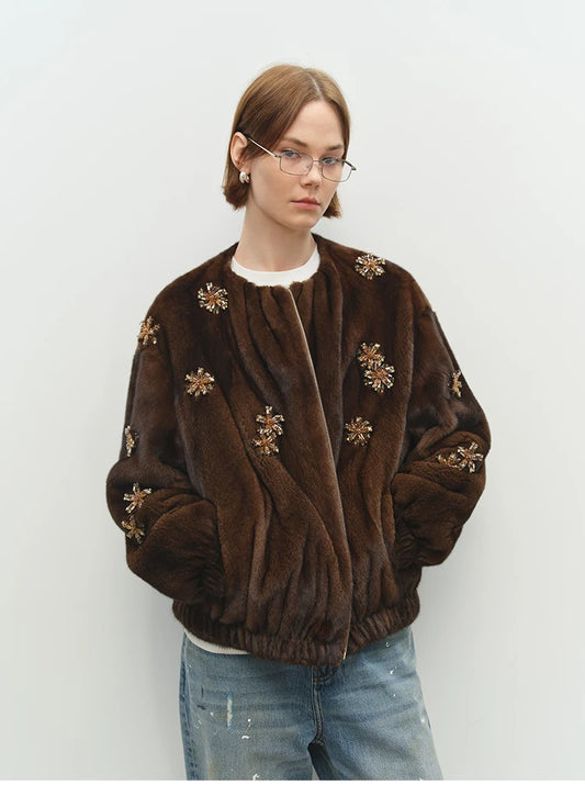 Brown faux fur bomber jacket with beading detail and gathered cuffs