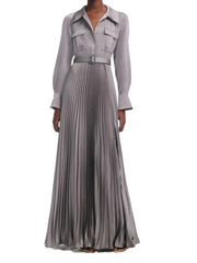 Long gray dress with a belt on a white background