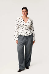 White Polka Dot Long Sleeve Button Satin Top