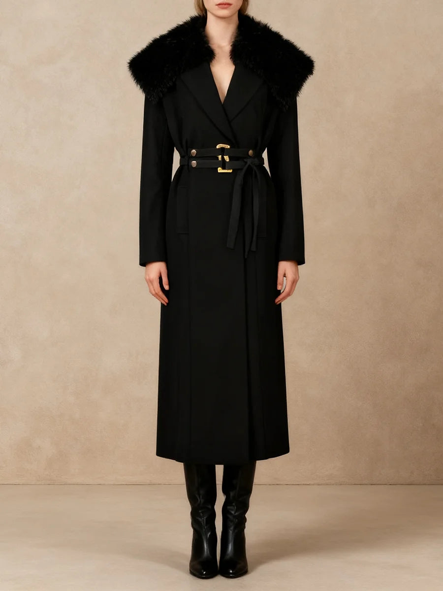 Black coat with fur collar and belt on a beige background