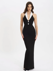 Black Contrast V Neck Button Bandage Maxi Dress