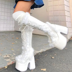 Faux Fur Platform Block Heel Boots