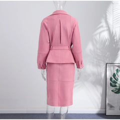 Pink Lapel Neck Belted Jacket with Slit Midi Skirt Two-Piece Set