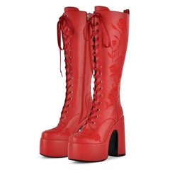 Floral Embroidery Lace Up Platform Boots