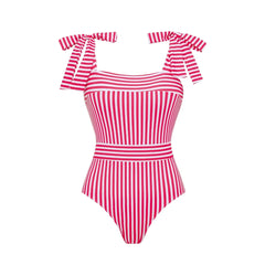 Striped Square Neck Swimsuit with Tie Straps and Tiered Maxi Skirt Set