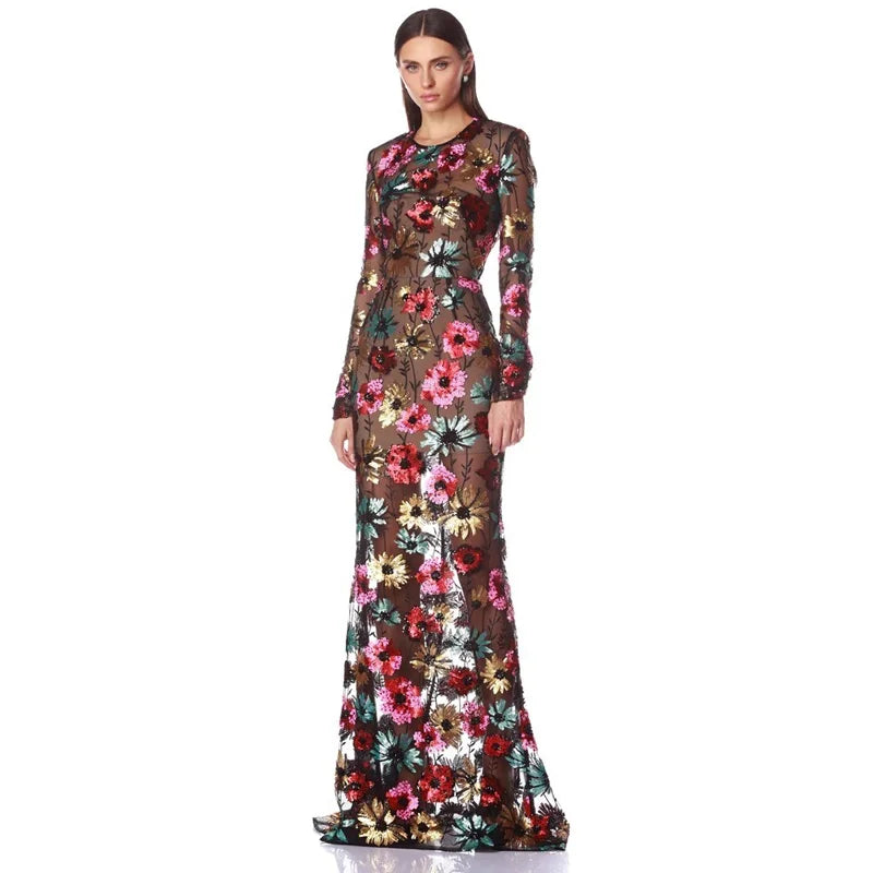 Floral embroidered mesh trumpet dress side view