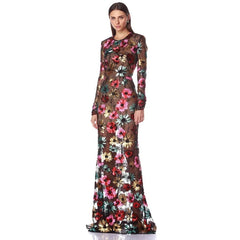 Floral embroidered mesh trumpet dress side view