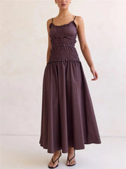 Spaghetti strap ruffle smocked bodice A-line maxi dress in mauve