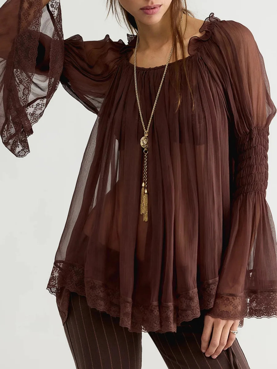 Sheer chiffon smocked cuff blouse - dark brown back view