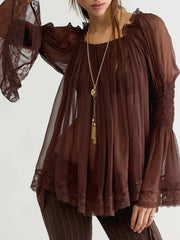 Sheer chiffon smocked cuff blouse - dark brown back view